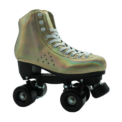 外貿單反光皮雙排溜冰鞋pu四輪塑鋼底座輪滑鞋黃色男女成人旱冰鞋