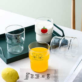 跨境动漫卡通饮料可叠杯子燕麦牛奶杯高硼硅透明耐热玻璃早餐杯子