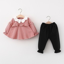 儿童秋装韩版女童宝宝宽松翻领格子衬衫+打底长裤两件套长袖洋气