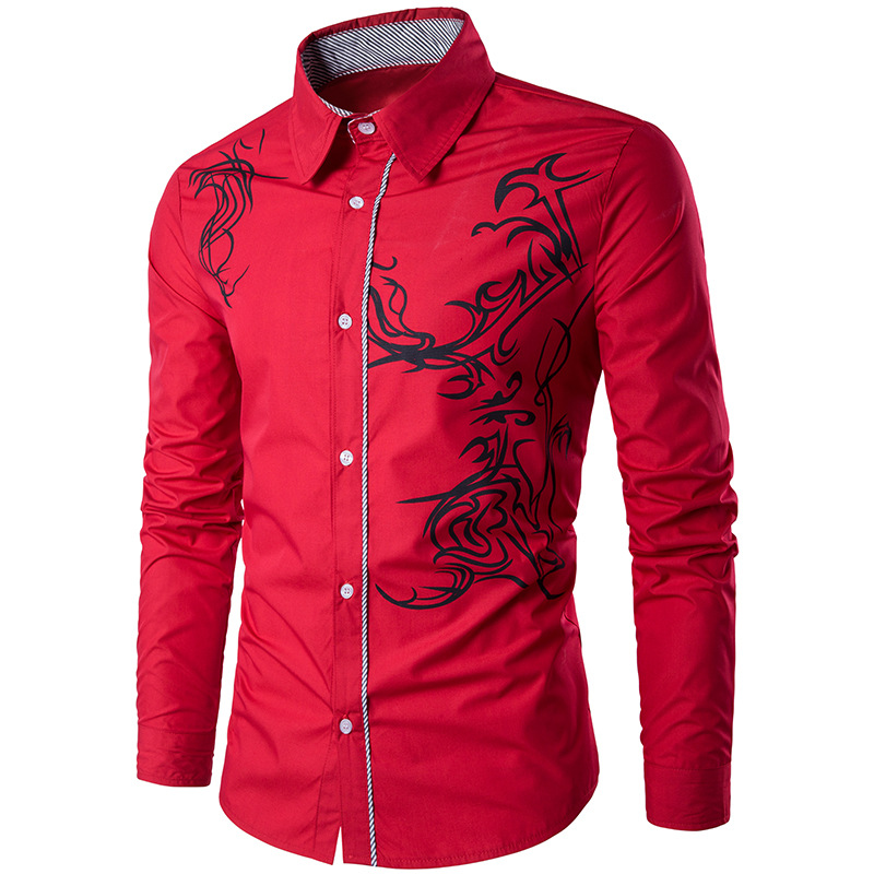 Spring new men's shirt men's Long Sleeve Tattoo printed long sleeve slim shirt