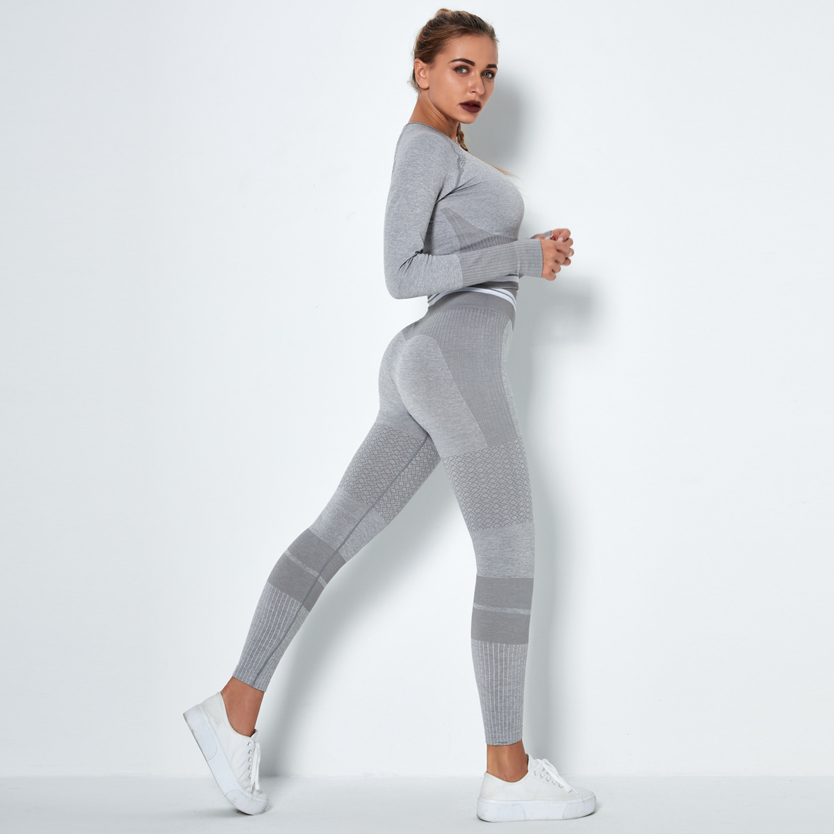 seamless knitted quick-drying long-sleeved striped two- piece fitness suit NSLX8991