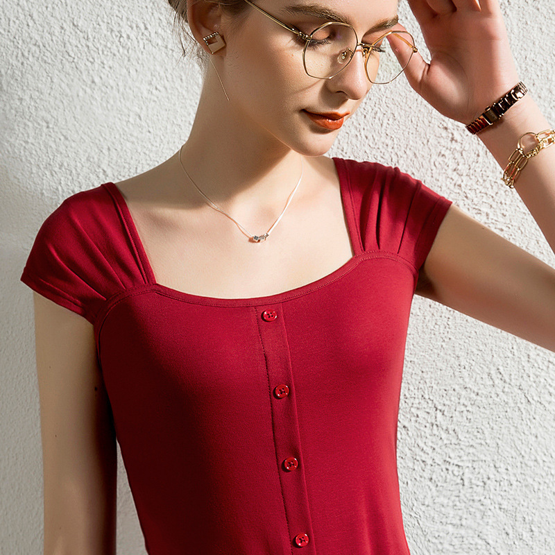 French Square Collar Cherry Red T-shirt Women's Short-sleeved Design Sense Solid Color Small Cover Sleeve Top Summer New