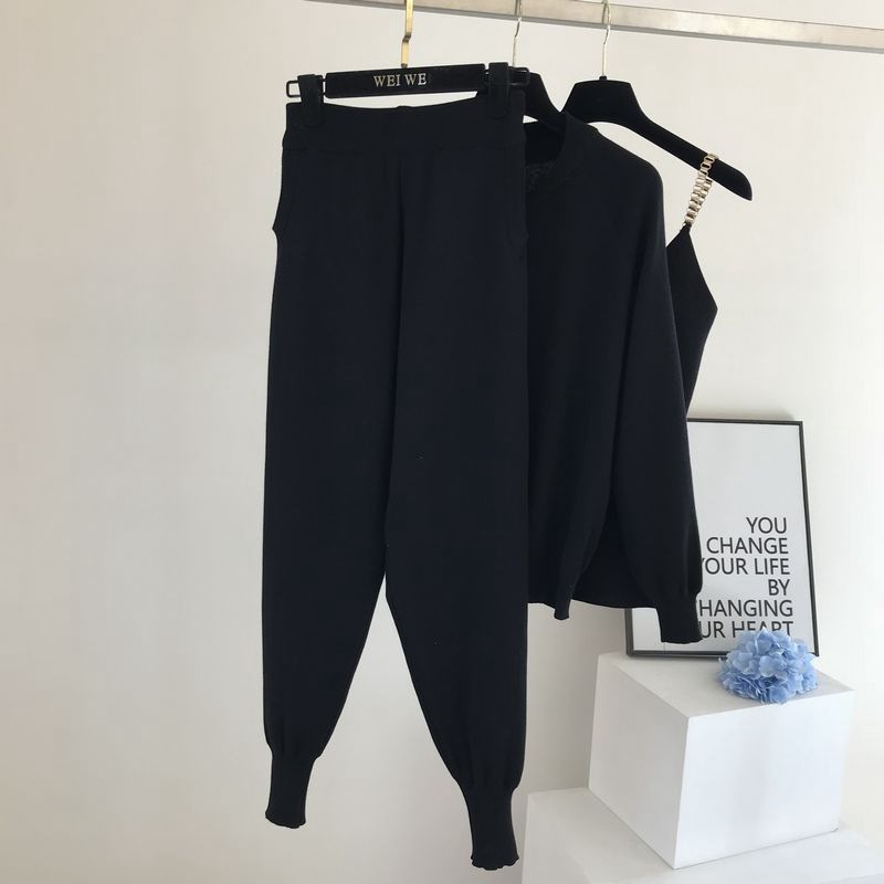 Damenbekleidung Strickanzug neue Weste Jacke Fuß elastische Hose modischer dreiteiliger Anzug_voghion.com