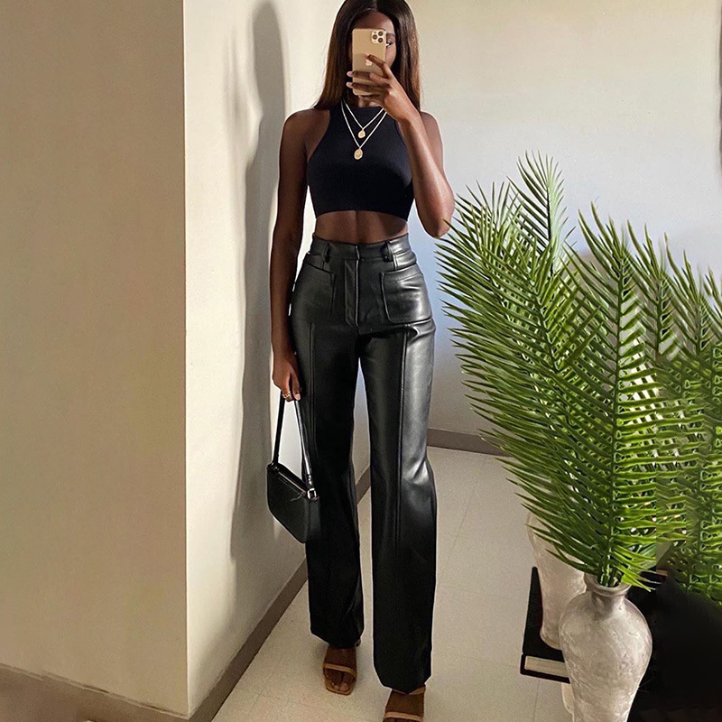 PU Leather High Waist Straight Wide Leg Pants NSAFS135554