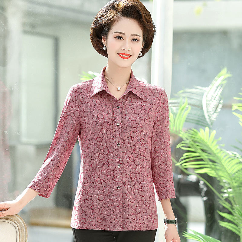 翻领印花寸衫仿真丝上衣七分袖妈妈夏装2色5码宽松开衫中老年女装，女装衬衫，妃慕昵服饰