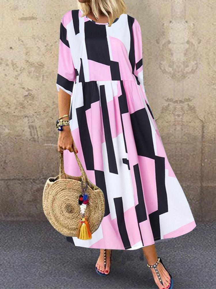 Elegant Printing Round Neck Half Sleeve Printing Splicing Polyester Dresses Maxi Long Dress T Shirt Dress display picture 4