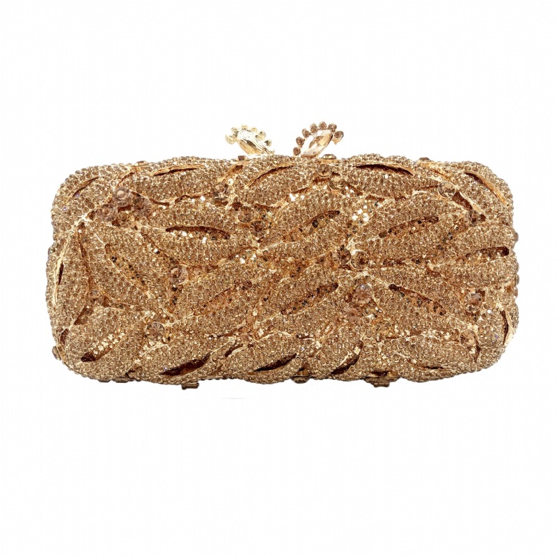 Túi clutch nữ đính đá kim cương dạ hội kim loại cắt gọt, kèm dây xương cá 48 cm — màu vàng, đen đỏ, màu đen, Kim cương vàng trên vàng chi tiết 12