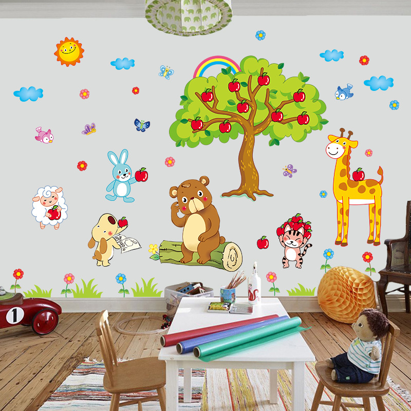 XL8205 Small Animal Wall Stickers under Apple Tree Bedroom Children's Room Creative Wall Decoration Self-adhesive Wallpaper
