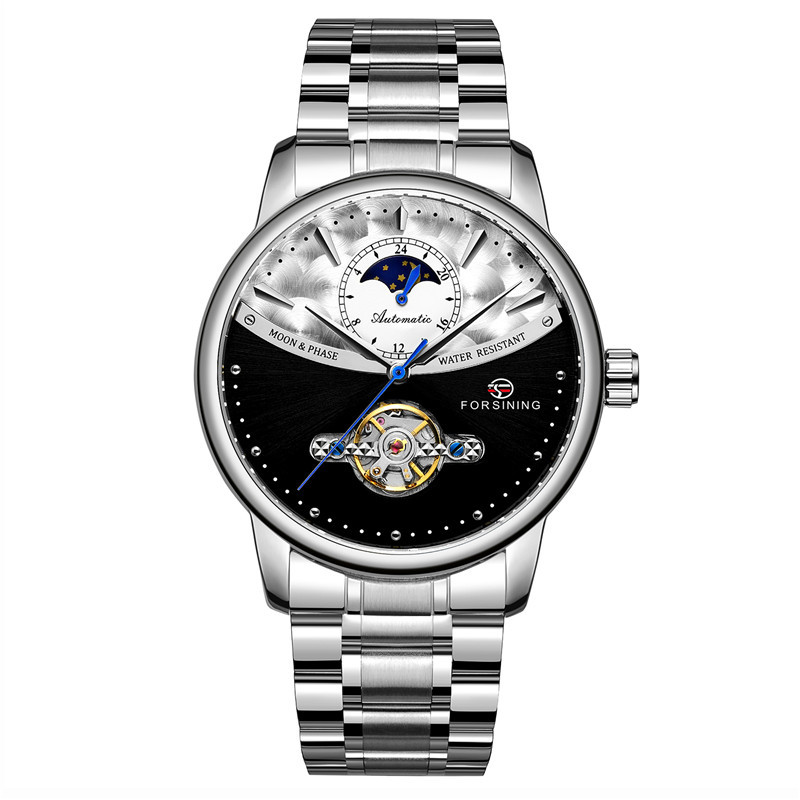 Forsining busini correa de acero los hombres negocios reloj mecánico automático inferior transparente hueco 8179