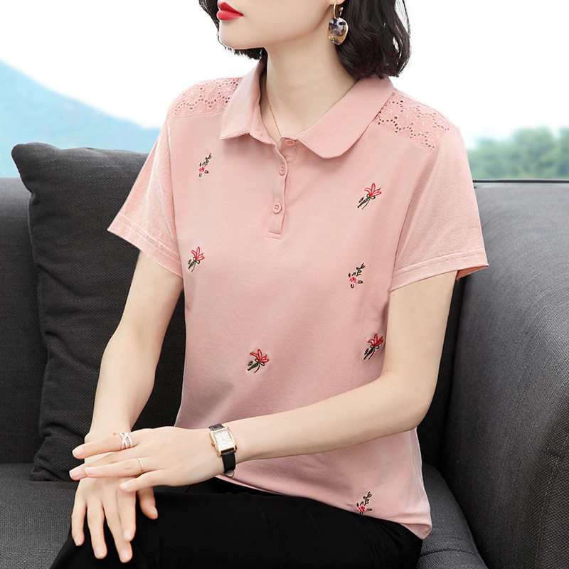 Short-Sleeved T-Shirt Women's Collared Top 2023 Spring and Summer New Style Middle-Aged Mother Lapel Half-Sleeved Popl Shirt Short-Sleeved T-Shirt Women's Collared Top 2023 Spring and Summer New Style Middle-Aged Mother Lapel Half-Sleeved Popl Shirt