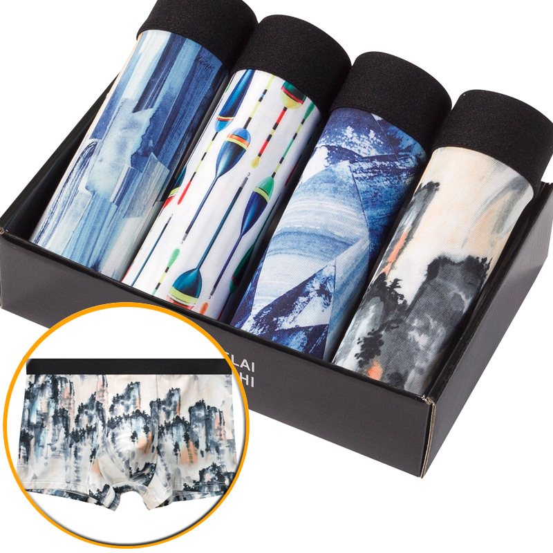 Ropa interior para hombres, bóxer para hombres, pantalones cortos de seda de hielo, cabeza, ropa interior para hombres, pantalones planos, pantalones, cintura media estampados, ropa interior en caja, pantalones