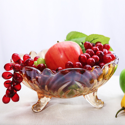 三条腿玻璃果盘高脚荷花瓣纹透明琥珀翡翠金色水果斗盘黄茶色|ru