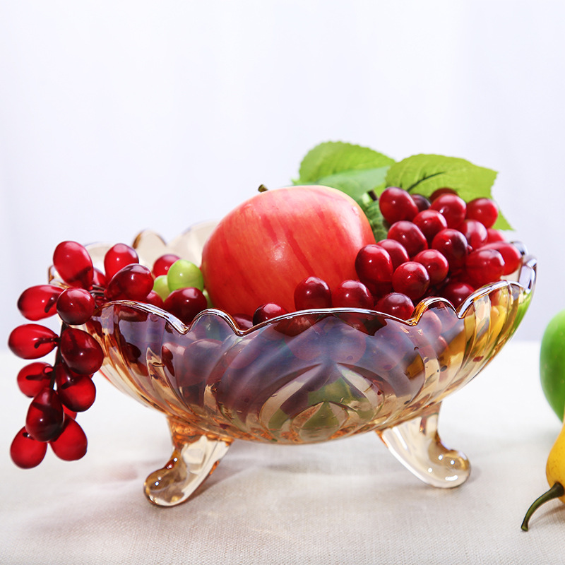 三条腿玻璃果盘高脚荷花瓣纹透明琥珀翡翠金色水果斗盘黄茶色|ru
