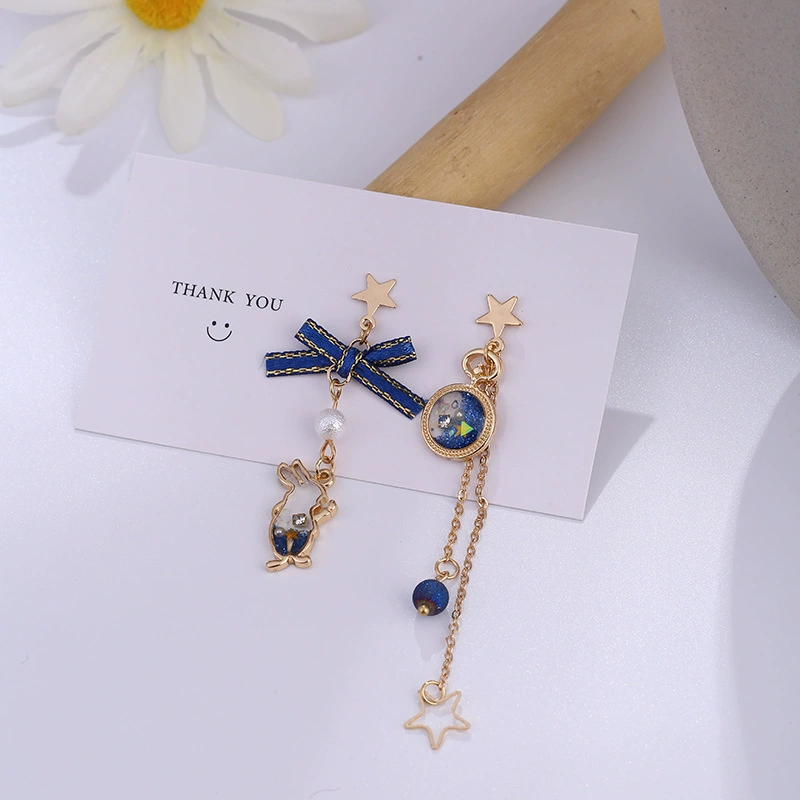 Серебряная игла, кролик, асимметричные длинные матовые серьги с бантом, серебро 925 пробы, Южная Корея, яркий запоминающийся стиль