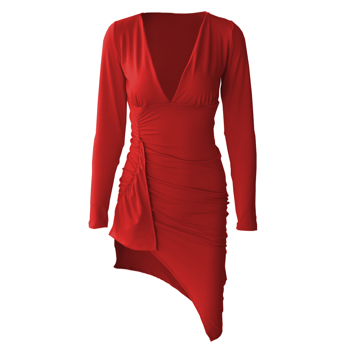 irregular V-neck long-sleeved fold dress NSZY17836