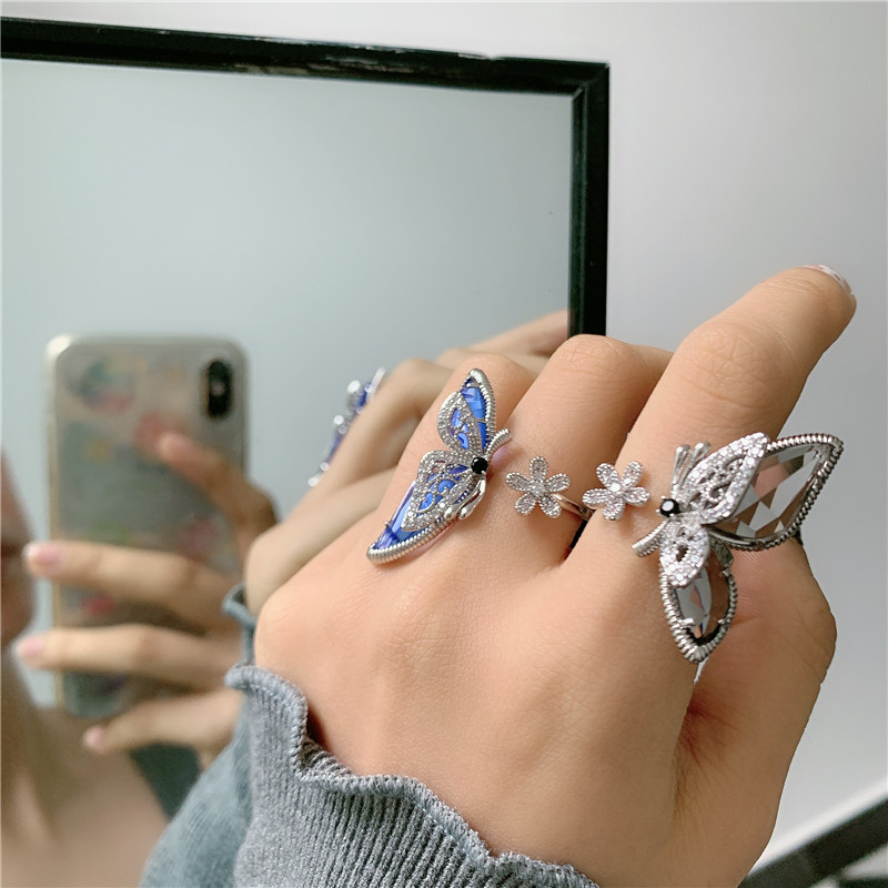 flash diamond rhinestone butterfly zircon open ring