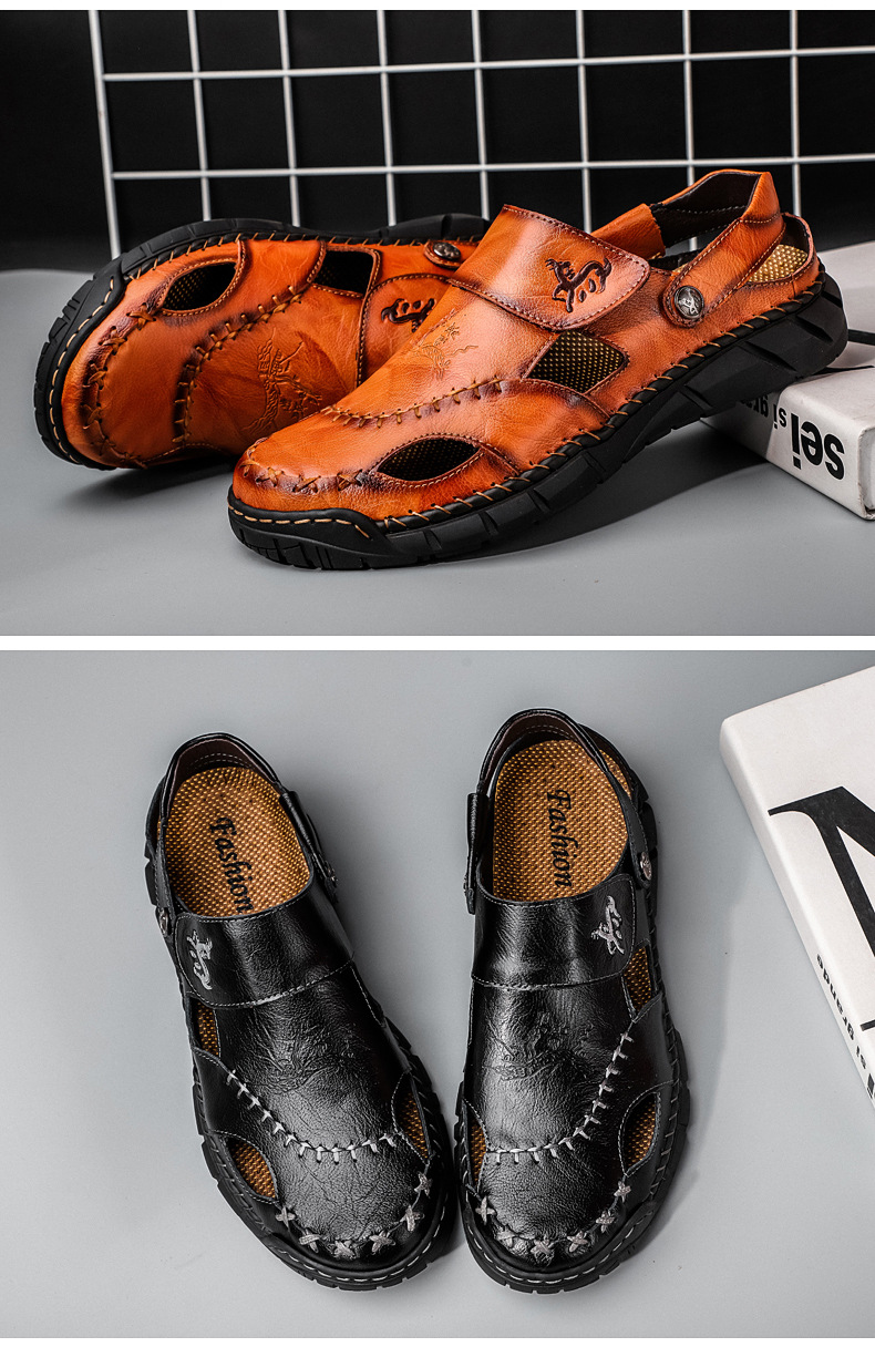 Amazon Spring/Summer men's plus-size sandals, trendy leather beach shoes, flip-flops, plus-size men's shoes, sewn shoes, cross-border undefined