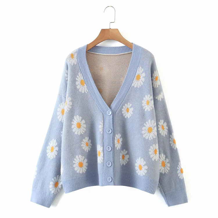 autumn and winter V-neck daisy jacquard cardigan sweater  NSLD15289