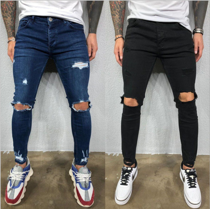 Cross-border 2020 Europe and the United States men's hole elastic feet tear new fashion jeans Cross-border 2020 Europe and the United States men's hole elastic feet tear new fashion jeans