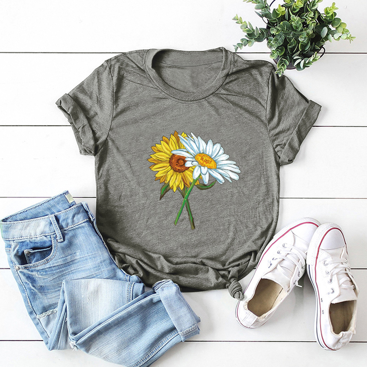 camiseta casual de manga corta de girasol para mujer NSSN3038