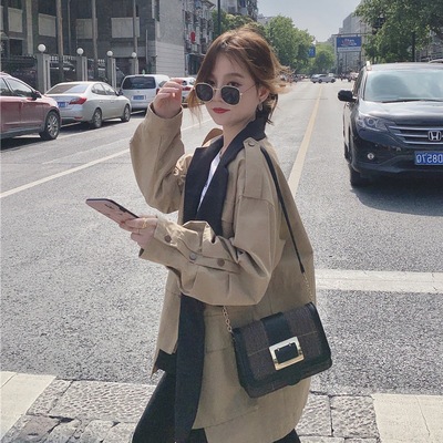 实拍chic设计感西装领拼色假两件抽绳收腰小个子卡其bf工装风衣女