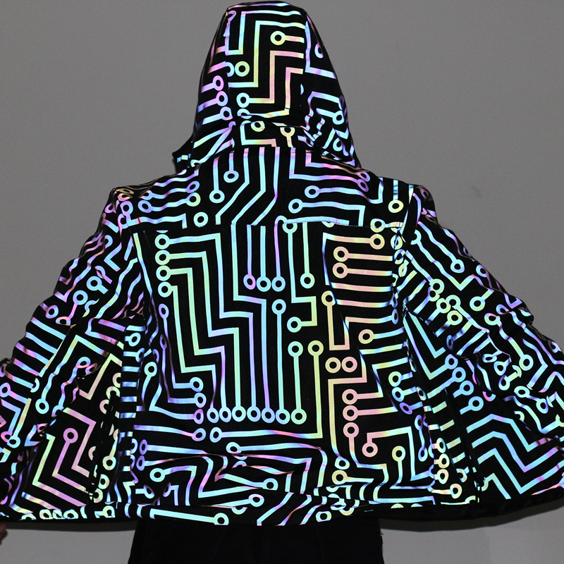 Men's Jacket Reflective Laser Circuit Pattern Hooded Windbreaker_voghion.com