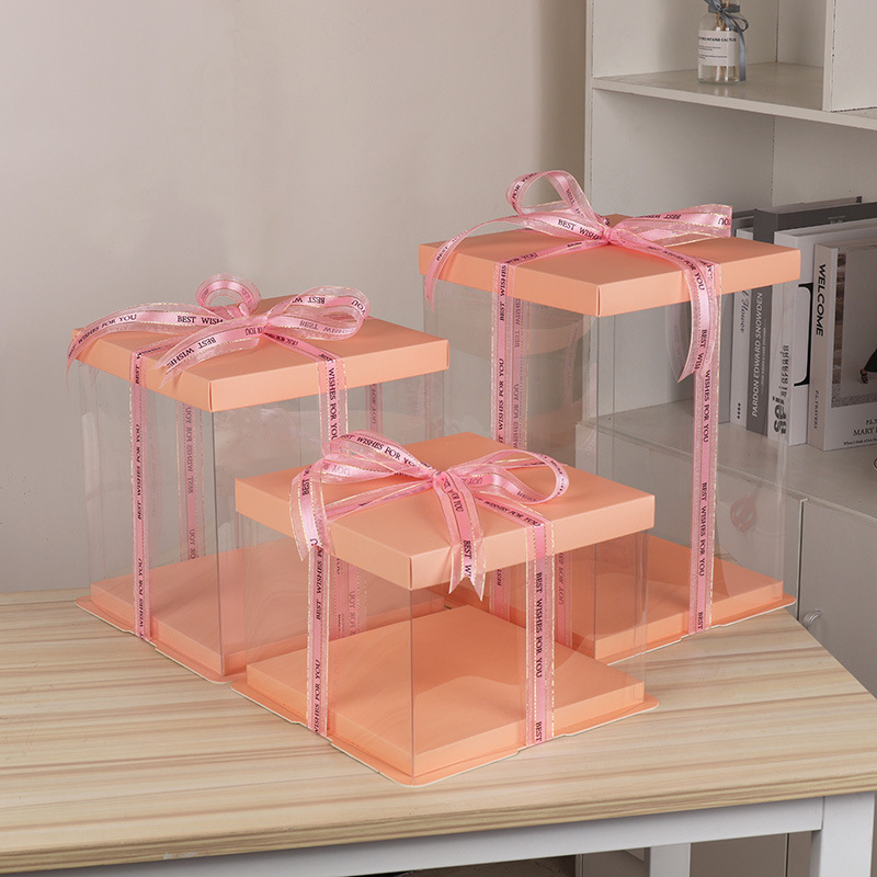 批发生日蛋糕盒4/6/8/10/12寸单 双层加高塑料三合一透明蛋糕盒子