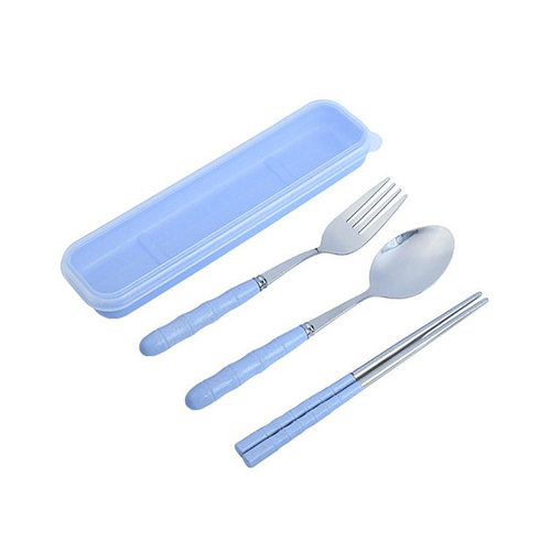 New stainless steel tableware set wheat straw bamboo spoon fork chopsticks student portable tableware three-piece set
