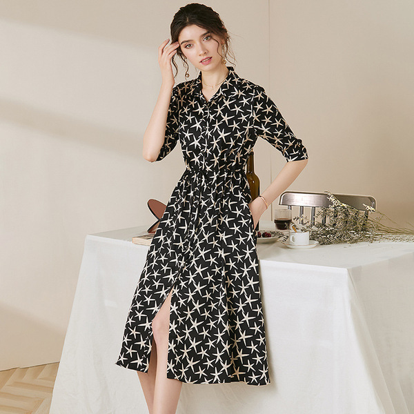 French retro close waist Lapel Star Print Shirt Dress