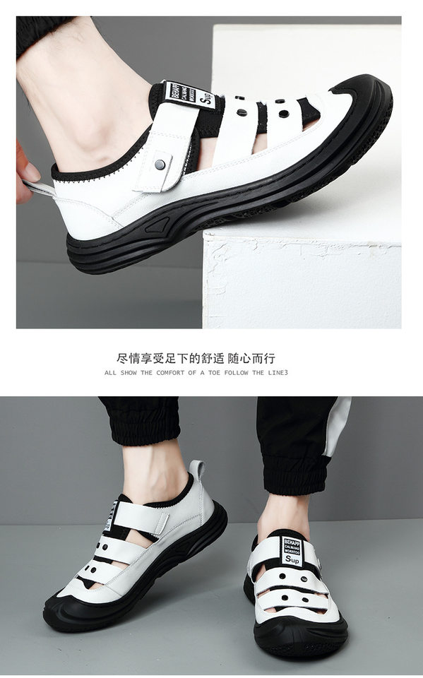 Dép sandal da nam mũi kín quai ngang, chống trơn trượt, thoáng khí — Màu trắng, Màu đen chi tiết 10