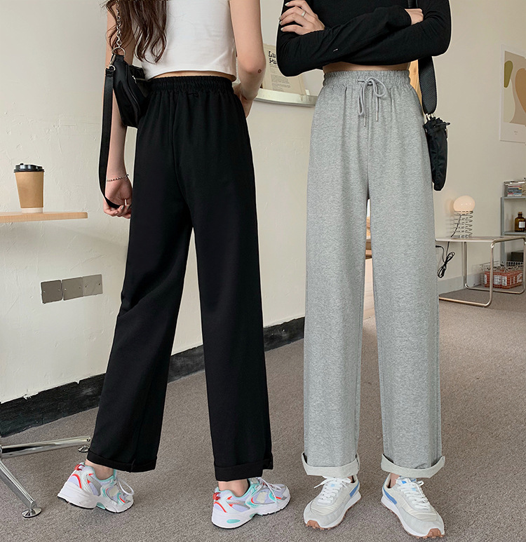 6535 Baumwolle, hohe Taille, elastisch, lässig, für Damen, lockere, gerade Sporthose mit weitem Bein, vielseitige lange Hose für Damen_voghion.com