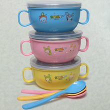 兒童餐具 嬰兒吃飯碗二件套卡通隔熱餐盤 寶寶帶蓋帶手柄不銹鋼碗