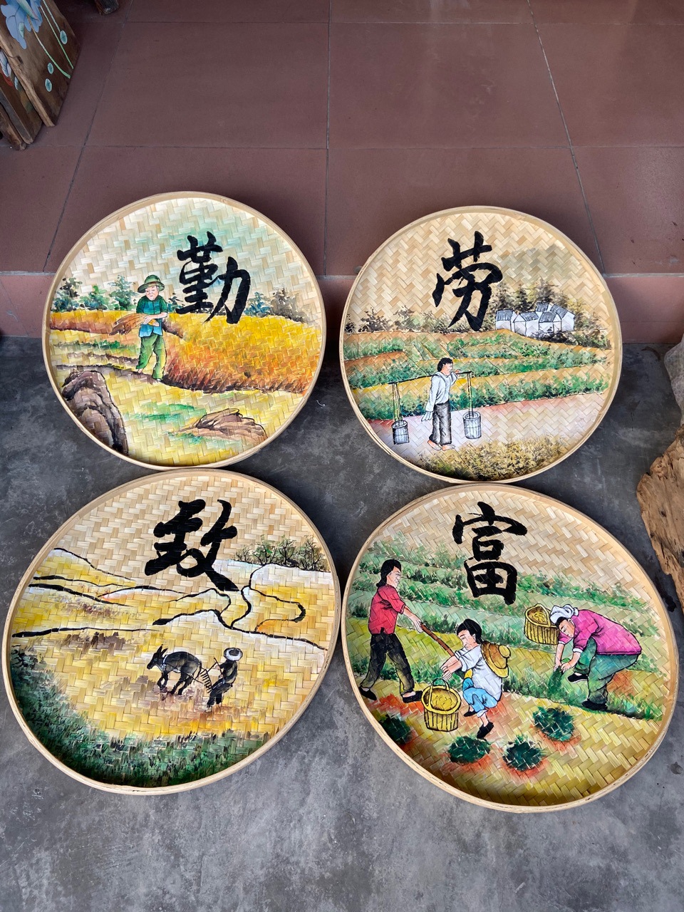 竹编簸箕手绘漆画墙饰特色工艺画农家乐饭店客厅餐厅装饰挂画定制|ru