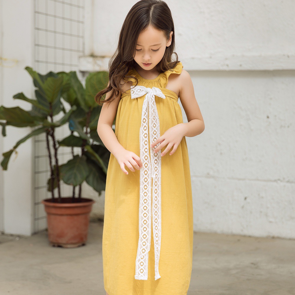 Children's Wear Korean-style Strap Skirt Girls' Beach Skirt Lace Bow Children's Overlength Skirt Cotton Strap ins Skirt