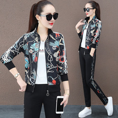 Women's Fashion Sportswear Set Spring and Autumn 2024 New Print Long Sleeve Stand Collar Casual Hoodie Three-Piece Set Trendy