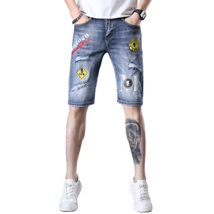牛仔短裤男名霸潮牌夏季男装破洞潮流印花韩版修身弹力休闲五分裤