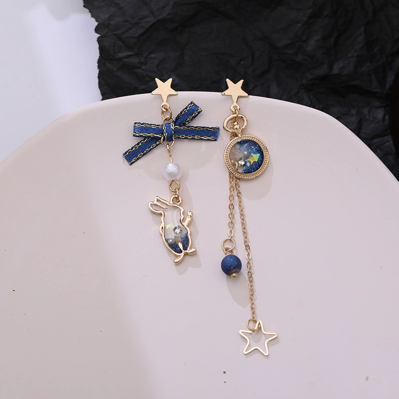 Серебряная игла, кролик, асимметричные длинные матовые серьги с бантом, серебро 925 пробы, Южная Корея, яркий запоминающийся стиль