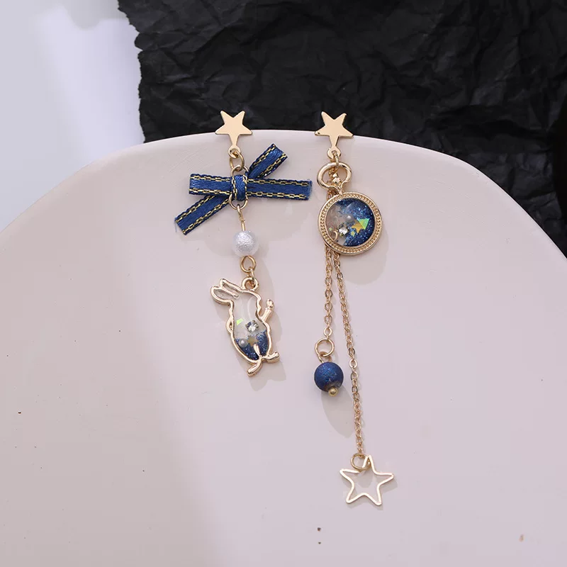 Серебряная игла, кролик, асимметричные длинные матовые серьги с бантом, серебро 925 пробы, Южная Корея, яркий запоминающийся стиль