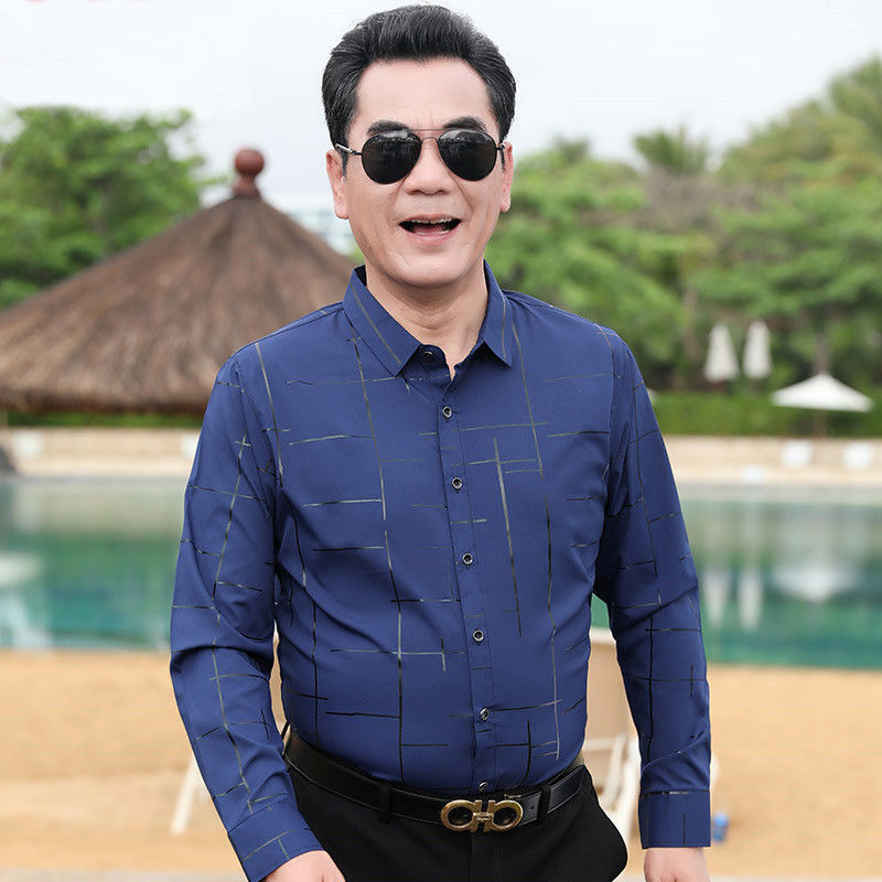 Dad shirt men's long-sleeved summer wear middle-aged and elderly Ice Silk casual loose shirt middle-aged men's thin business inch lining