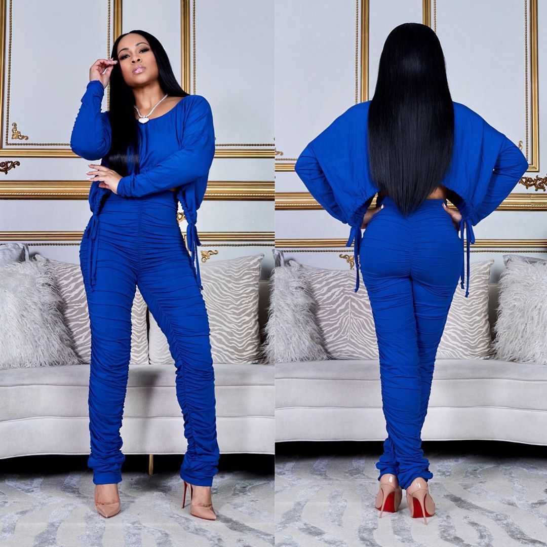 Women Long Sleeve Pleated Pants Suit Two Pieces Set Fashion Leisure Solid