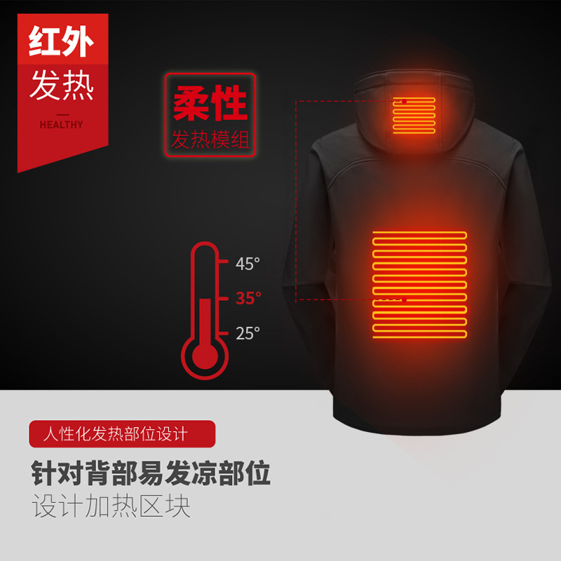 跨境新款智能發(fā)熱軟殼沖鋒衣男女連帽電熱保曖滑雪服冬季發(fā)熱外套