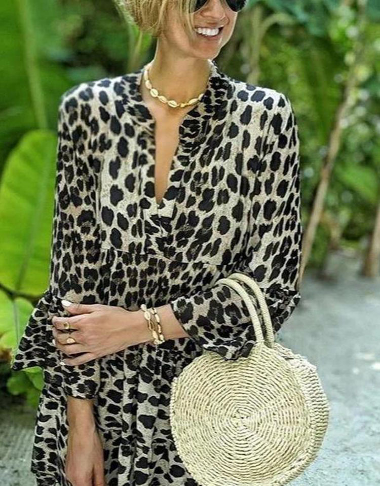 Rochie lungă boho cu imprimeu leopard pentru femei primăvară_voghion.com