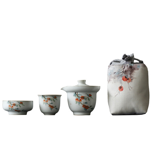 Yuebai Ru Kiln Kuai Ke Cup One Pot Two Cups Persimmon Size Cup Pomegranate Open Slices Portable Kung Fu Tea Set