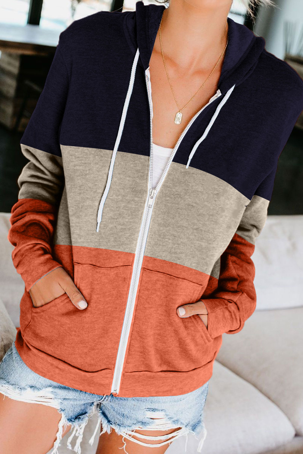 Autumn/winter women s new style casual long-sleeved hit color loose hooded sweater NSSI2372