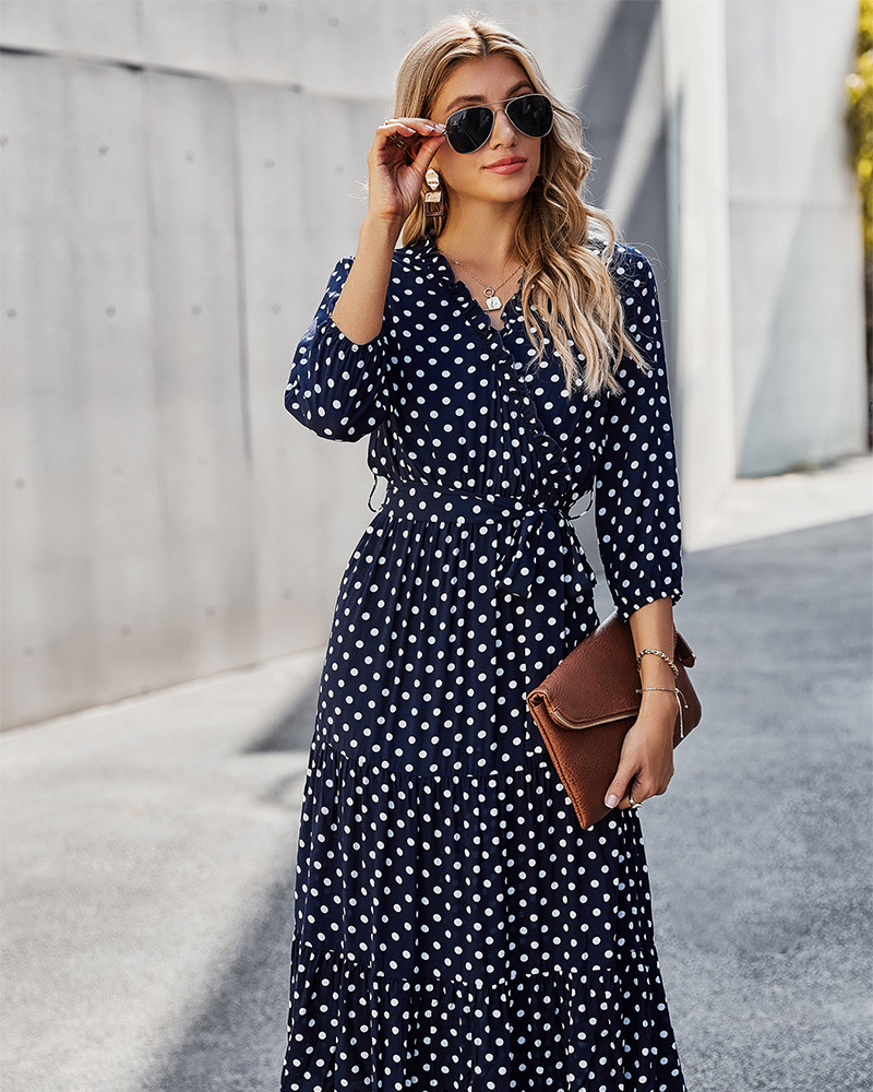 Long-Sleeved V-Neck Receiving Waist Polka Dot Dress NSDY100532