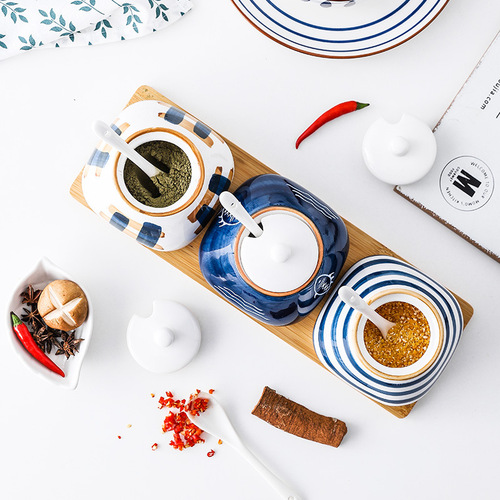Creative hand-painted underglaze porcelain seasoning jar set kitchen spice jar salt jar restaurant household seasoning box