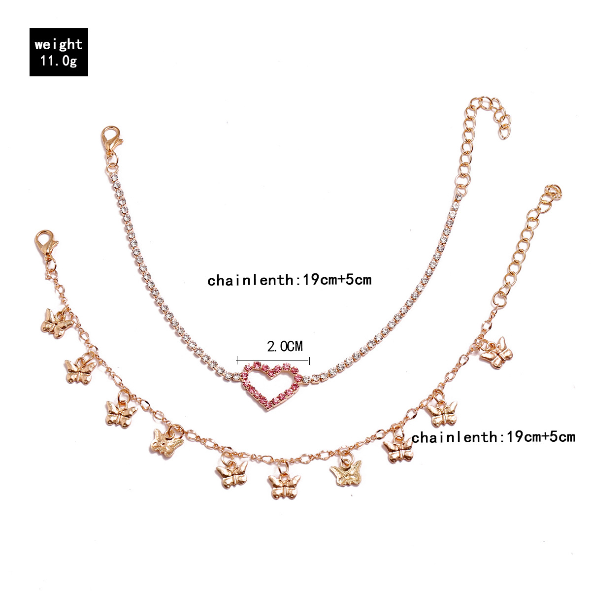 Simple Sweet Pink Love Heart-shaped Peach Heart Claw Chain Butterfly Tassel Foot Ornaments Multi-layer Two-piece Anklet display picture 1