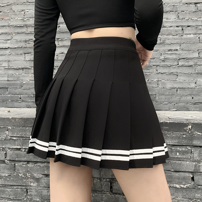 Punk Style A-Line Half-Length Pleated Little Black Skirt NSXE80585