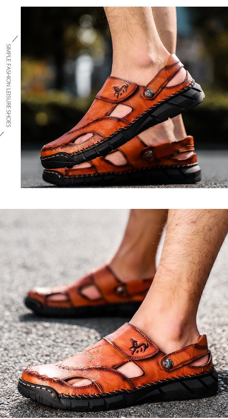Amazon Spring/Summer men's plus-size sandals, trendy leather beach shoes, flip-flops, plus-size men's shoes, sewn shoes, cross-border undefined