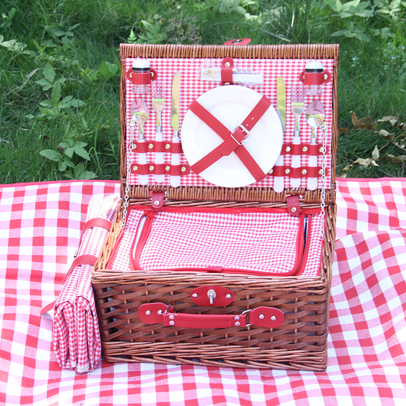 Cesta de picnic hecha a mano de mimbre cesta de almacenamiento al aire libre para dos personas con estera de picnic